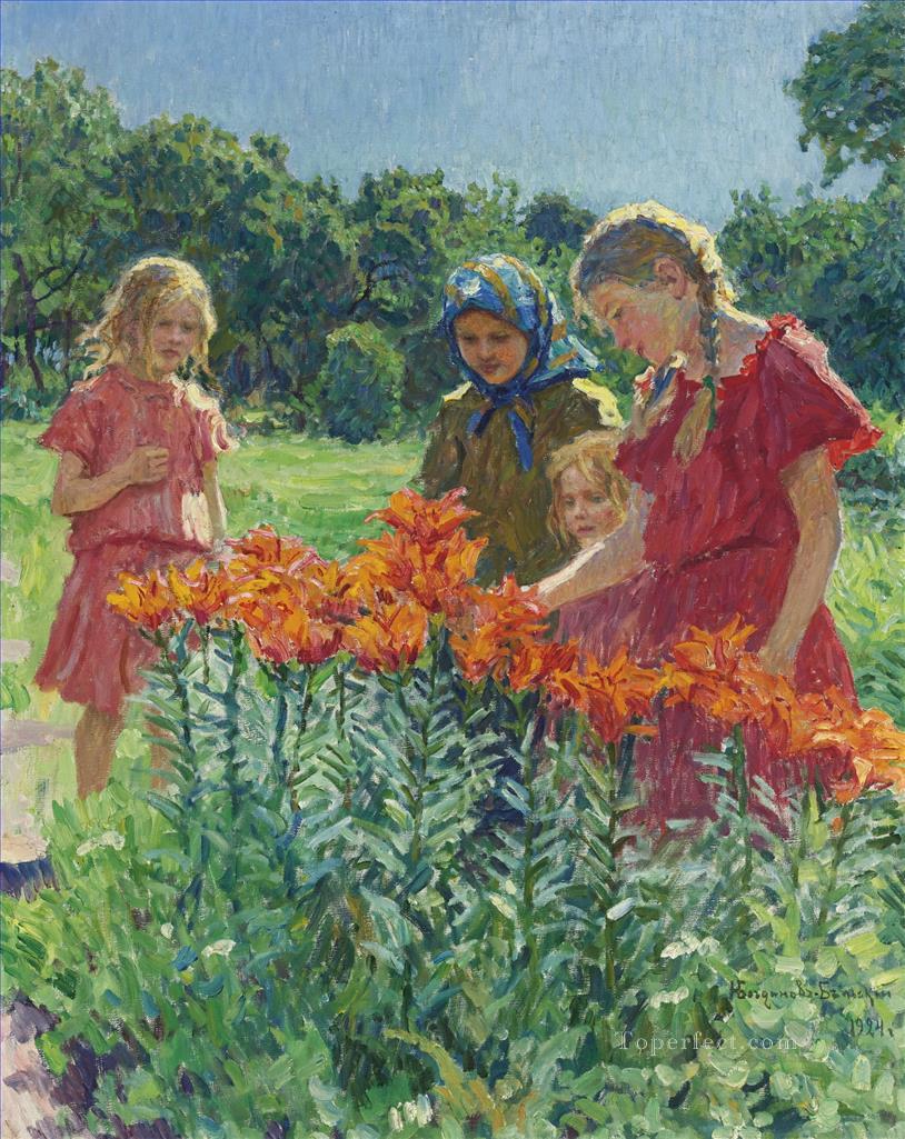 花を摘む ニコライ・ボグダノフ ベルスキー 子供 印象派油絵